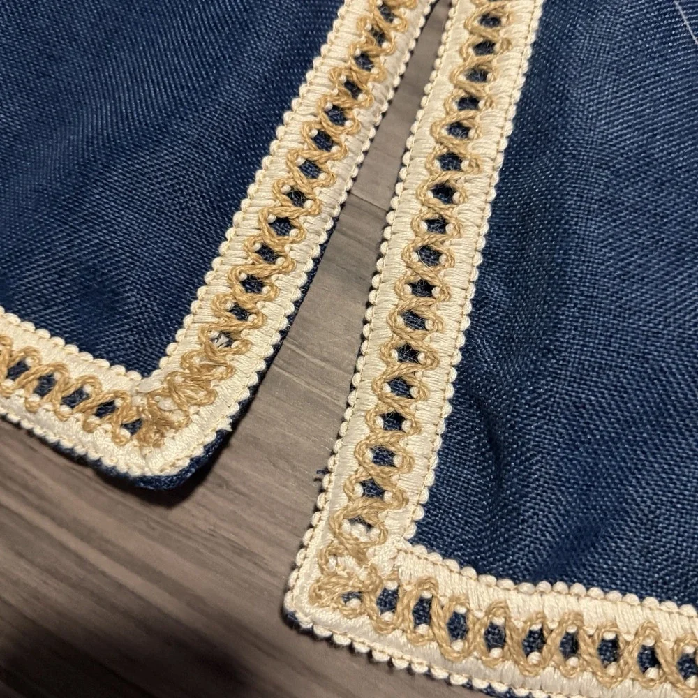 Navy Blue Cream Embrodiered Set Of 2 Throw Pillow Cases 20.5 X 20.5 Inches Boho